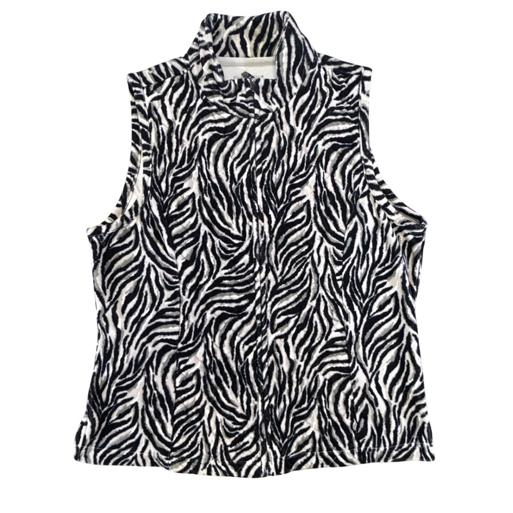 Charter Club Zebra‎ Print Quilted Vest Womens LG Black White Full Zip Mock Neck